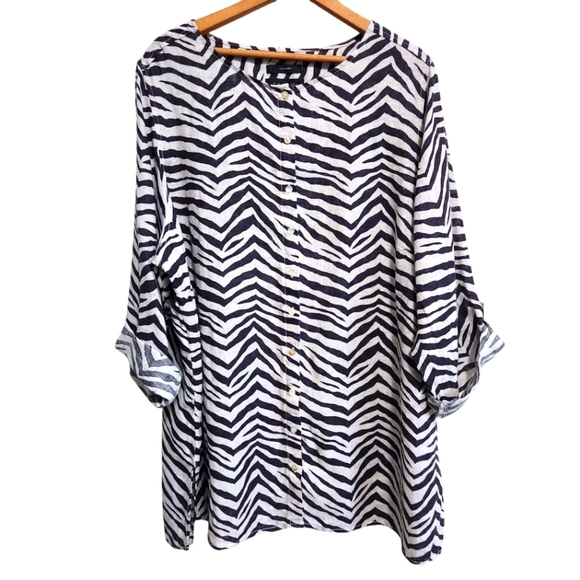 EUC TAHARI LINEN PLUS SIZE 2X ZEBRA PRINT ROLL TAB SLEEVE TUNIC - Picture 1 of 8